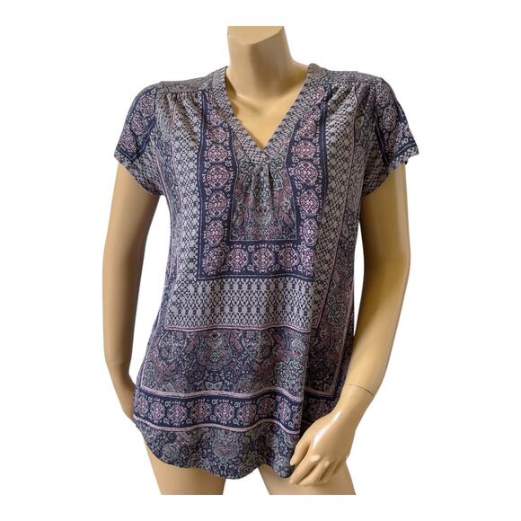 LUCKY BRAND Womens Size Medium Short Sleeve V Neck Boho Bohemian Shirt Top - Picture 1 of 8